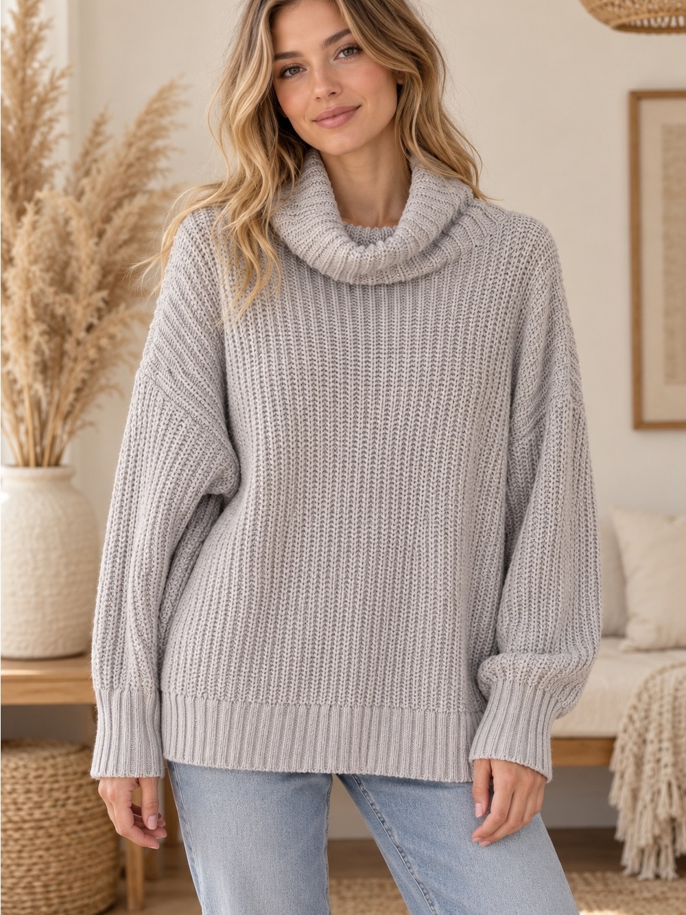 aerie Light Cream/Taupe Ribbed Cowl Neck Sweater